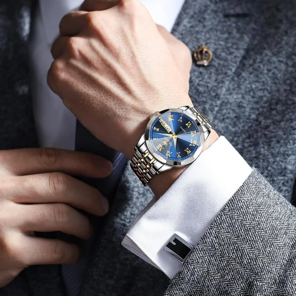 Olevs Men's Silver Gold- Blue Steel Stain Waterproof Stain Luminous Wrist Watch